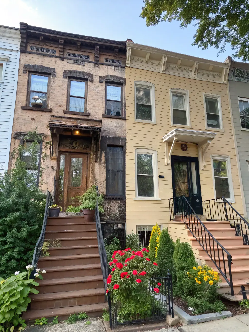 A before-and-after image showcasing a whole-house renovation project by Brasswing Construction, demonstrating significant improvements in aesthetics and functionality.