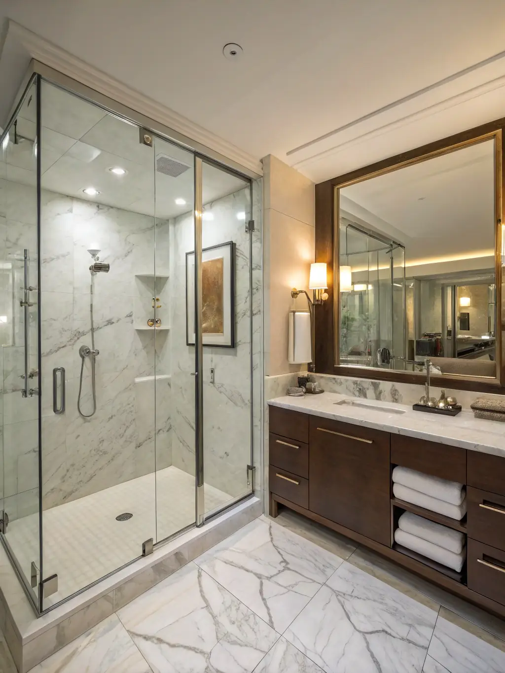 A professionally shot image of a bathroom renovation project, highlighting updated fixtures, stylish tiling, and a luxurious walk-in shower completed by Brasswing Construction.