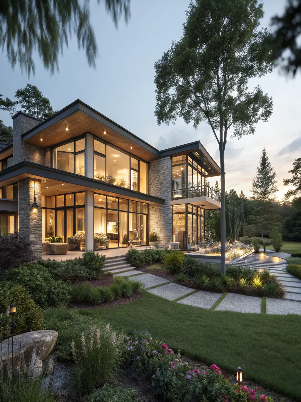 An exterior shot of a newly constructed modern home in a suburban setting, built by Brasswing Construction, emphasizing clean lines, large windows, and professional landscaping.