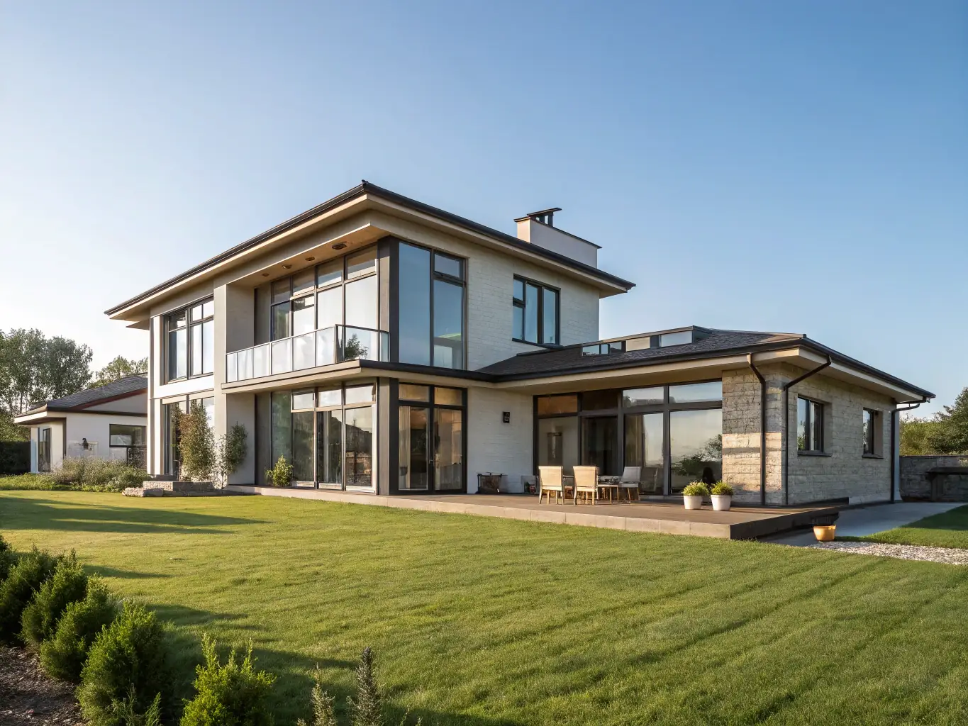 A newly constructed modern home with a spacious front yard, representing Brasswing Construction's capabilities in new home construction.